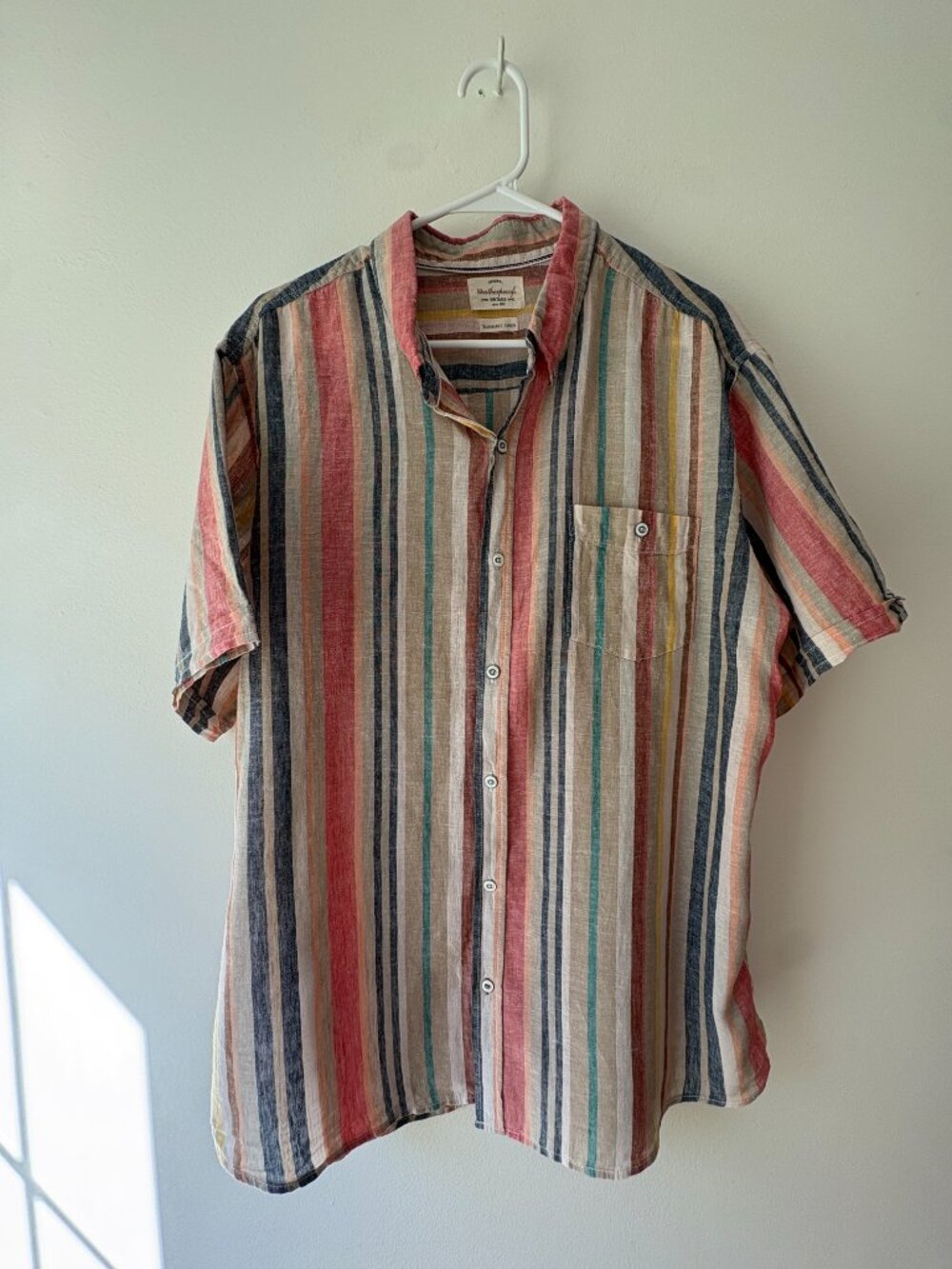 Weatherproof Vintage Multicolor Stripe Washable Linen Short Sleeve Shirt - XL